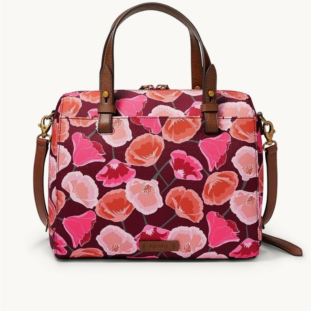 Fossil Floral Print Satchel in Pink and Burgundy